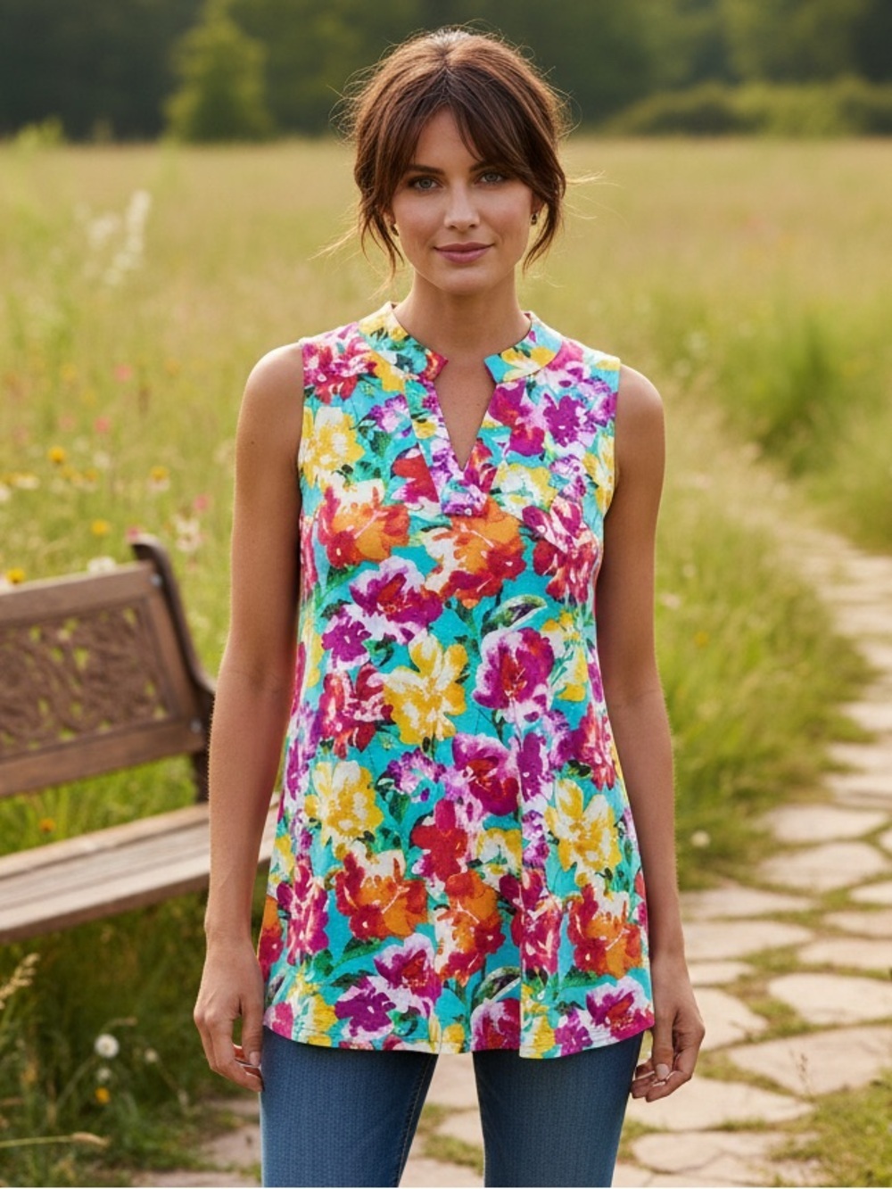 Dear Scarlett Boutique Vibrant Watercolor Floral Tunic Sleeveless Tank Top